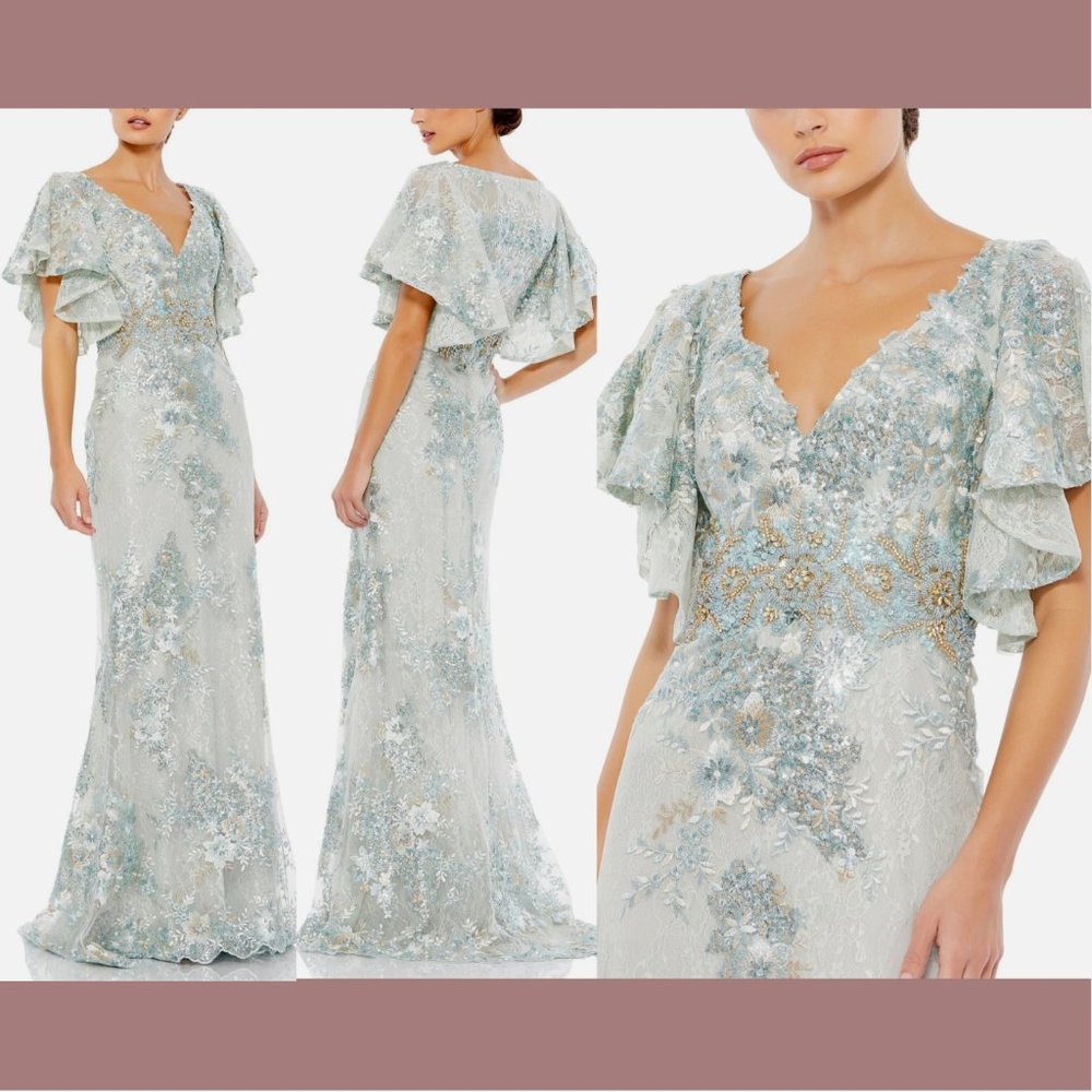 NWT‎ $698 Mac Duggal [ 14 ] Sleeve Flutter Floral Embellished Gown Seafoam